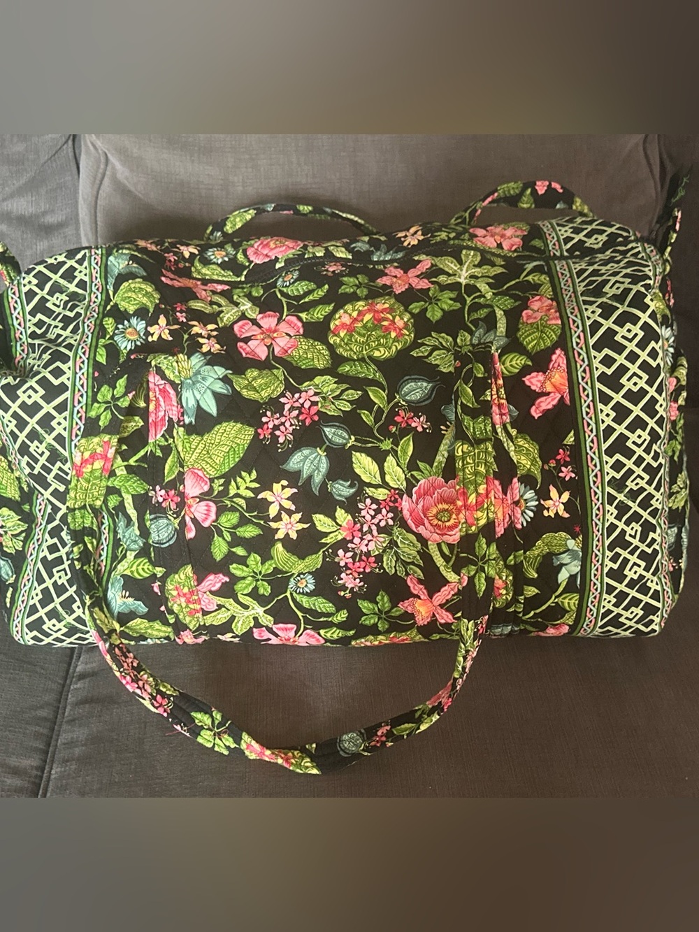 Vera Bradley Black Floral Quilted Tote with Pink & Green Accents